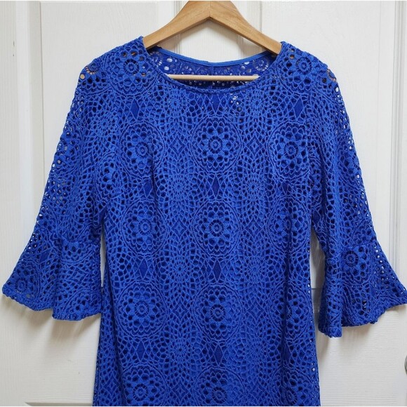 Leslie Fay Dress 6 Blue Floral Crochet Lace Bell Slv Lined Boho Coastal Grandma - Picture 4 of 10